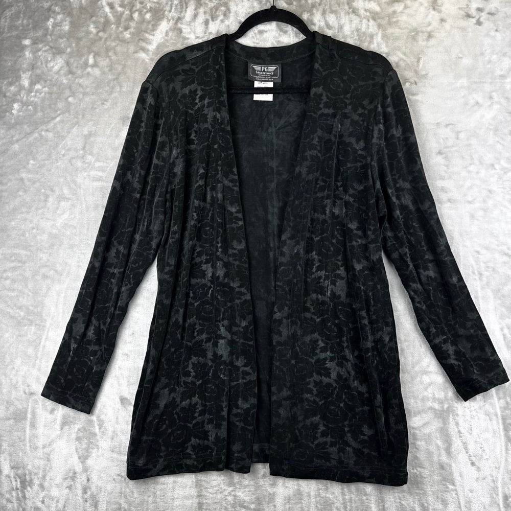 PG Collections Cardigan Womens Small Black Floral Burnout Velvet Open (1659)